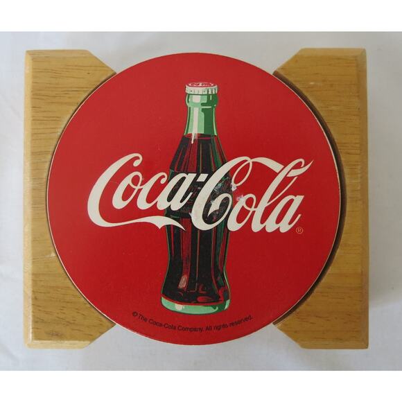 Vintage COCA COLA COKE Coasters in Wood Holder Stone Cork Set of 4 Soda Drinks - Picture 1 of 13
